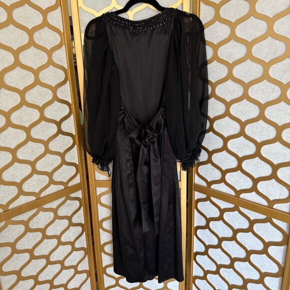 Lafayette 148 Size 4 Black Silk Sheer Sleeves Beaded Pleated Evening Gown - Picture 14 of 16